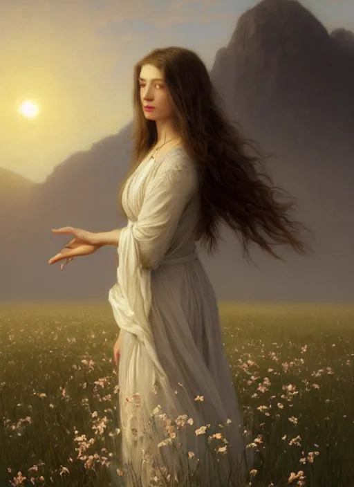 Image similar to oil painting portrait of a young woman with long dark flowing hair in a dress made of white flowers, dancing levitating floating over a field of flowers at sunset with mountains in the background, hazy, digital art, chiaroscuro, artstation, cinematic, golden hour, digital art painting by greg rutkowski, bouguereau, japanese scifi, hazy atmosphere, flowers, cinematic lighting