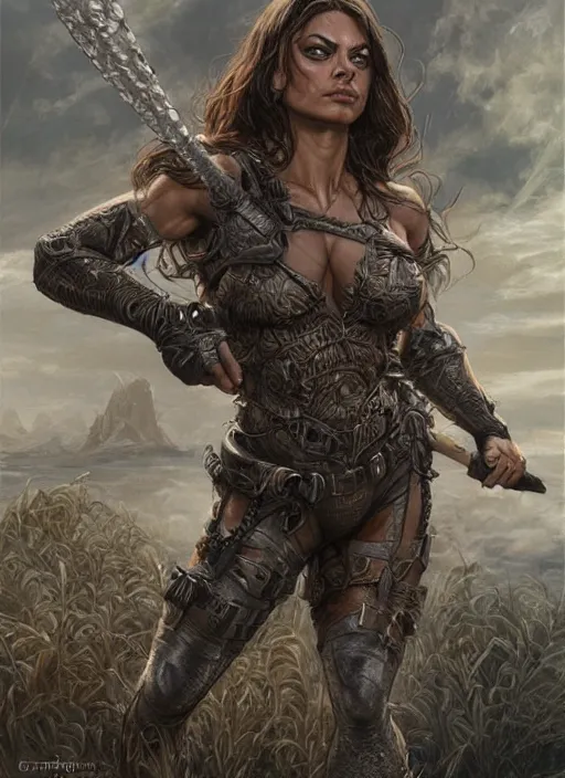 Image similar to very muscled Amazon Mila Kunis as a ruggedly mean looking heroine, intricate, elegant, highly detailed, centered, digital painting, artstation, concept art, smooth, sharp focus, illustration, art by artgerm and donato giancola and Joseph Christian Leyendecker, WLOP