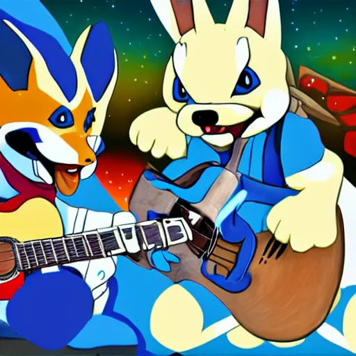 Prompt: lucario and k. K. Slider playing guitar at Woodstock, portrait full body, digital art, high quality, beautiful colors, mesmerizing