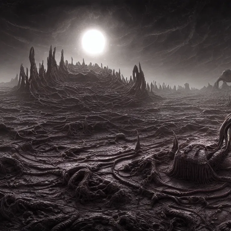 Image similar to ribbed surreal alien temple on exoplanet, standing in a desolate empty wasteland, creepy, nightmare, dream-like heavy atmosphere, surreal abandoned buildings, beautiful detailed intricate insanely detailed octane render trending on Artstation, 8K artistic photography, photorealistic, chiaroscuro, Raphael, Caravaggio, Beksinski, Giger