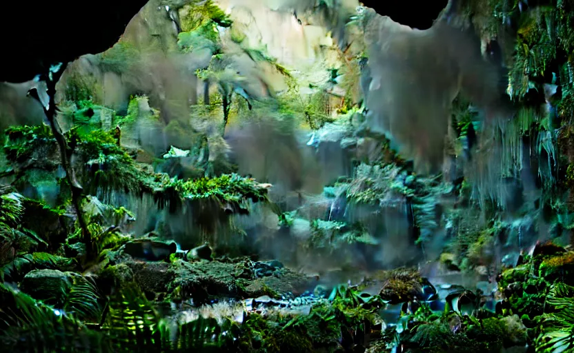 Prompt: a beautiful render of a dark prehistoric rainforest in a humongous cave, lush flora, patches of sky, sunset, floating mountains and a waterfall in the background, intricate detail, hazy, humid, volumetric lighting, 8 k, photorealistic, raytracing effects, unreal engine 5