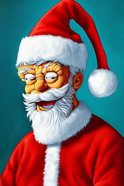 Image similar to Santa Claus as a simpson oil on canvas, intricate, portrait, 8k highly professionally detailed, HDR, CGsociety