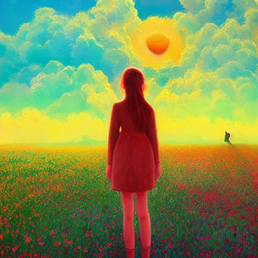 Prompt: girl merging with flower, standing in a flower field, big trees, sunrise dramatic light, impressionist painting, colorful clouds, digital painting, pointillism, artstation, simon stalenhag