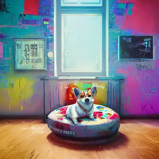 Prompt: a detailed beautiful painting of a graffiti hiphop corgi god chilling in his palace, by Alena Aenami and Esao Andrews, trending on Artstation, intricate detail, 8k