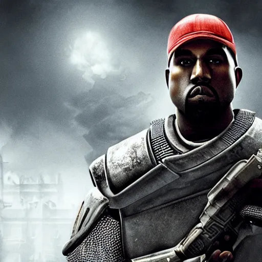 Image similar to kanye west as the pope in gears of war battlefield 5, splash art, movie still, cinematic lighting, dramatic, octane render, long lens, shallow depth of field, bokeh, anamorphic lens flare, 8 k, hyper detailed, 3 5 mm film grain