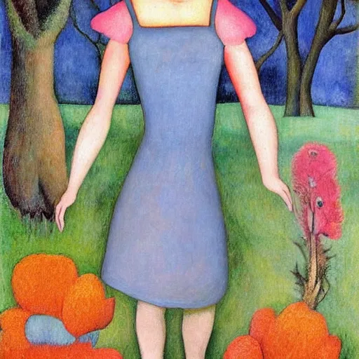 Image similar to moonstone earthy by boris grigoriev. a land art of a young girl with blonde hair, blue eyes, & a pink dress. she is standing in a meadow with flowers & trees.