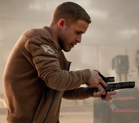 Image similar to a movie still of kylie jenner as joi aiming a gun at ryan gosling in the movie blade runner 2 0 4 9