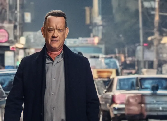 Image similar to film still of Tom Hanks roaming the dirty streets in the new Deathwish, 4k