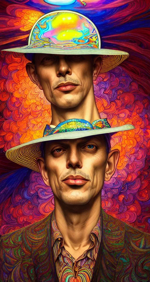 Image similar to An extremely psychedelic celestial smiling Larry Harvey white fedora hat, colorful, surreal, dramatic lighting, magic mushrooms, psilocybin, LSD, detailed, intricate, elegant, highly detailed, digital painting, artstation, concept art, smooth, sharp focus, illustration, art by Krenz Cushart and Artem Demura and alphonse mucha