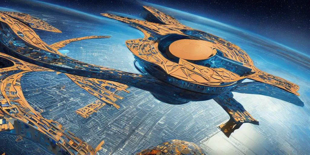 Image similar to cinematic still of hyper detailed realistic highly technical greeble hard surface modelled afro futurist spaceport designed by frank lloyd wright architect, surreal flying aircraft, deep perspective, wide angle, insanely detailed and intricate, teal gold and orange color scheme,