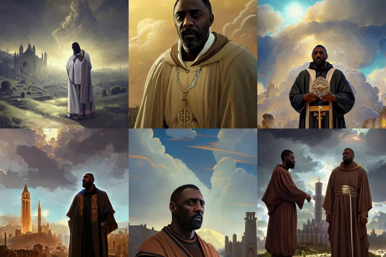 Prompt: Idris Elba dressed as a Byzantine priest surrounded by heavenly clouds in a Byzantine city, concept art, beautiful light, symmetry, very coherent, trending on artstation, by James Gurney and Simon Stalenhag and Greg Rutkowski