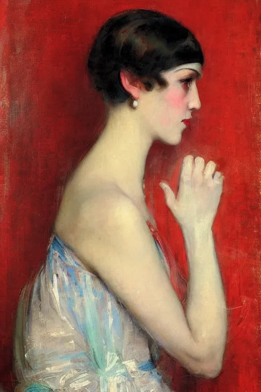 Prompt: Solomon Joseph Solomon and Richard Schmid and Jeremy Lipking victorian genre painting full length portrait painting of a young beautiful woman 1920s flapper , red background