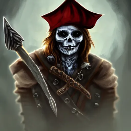 Image similar to Undead pirate captain wielding a sandstone rapier and sandstone dagger, weapons made of sandstone, he wears a hat with an impressive feather and with a brutal scar across his scarred neck, DnD character art portrait, Dark magic, necromancy, dark lighting, flux. High fantasy, digital painting, HD, 4k