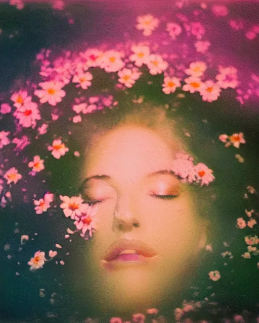 Image similar to oversaturated, burned, light leak, expired film, photo of a woman's serene face submerged in a flowery milkbath, rippling liquid, vintage glow, sun rays, old painting