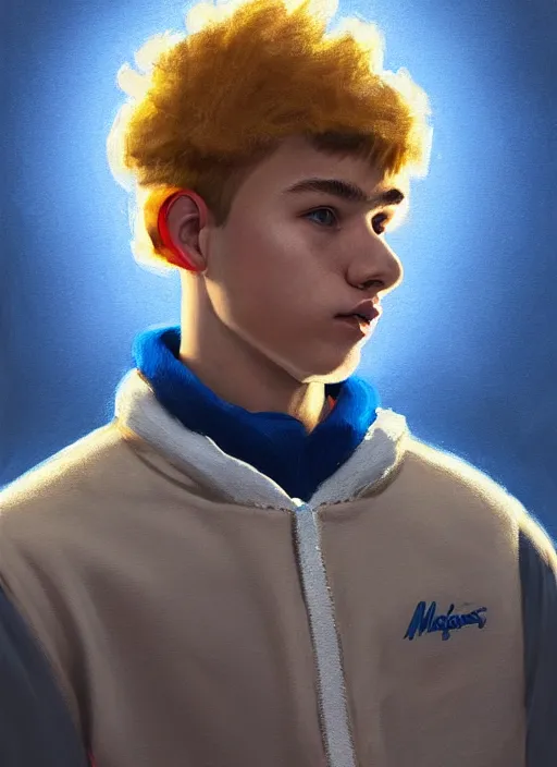 Image similar to portrait of high school senior boy named big moose, blonde short hair, jock, beefy, wide face, square jaw, square facial structure, blue varsity jacket with letter r, intricate, elegant, glowing lights, highly detailed, digital painting, artstation, concept art, sharp focus, illustration, art by wlop, mars ravelo and greg rutkowski