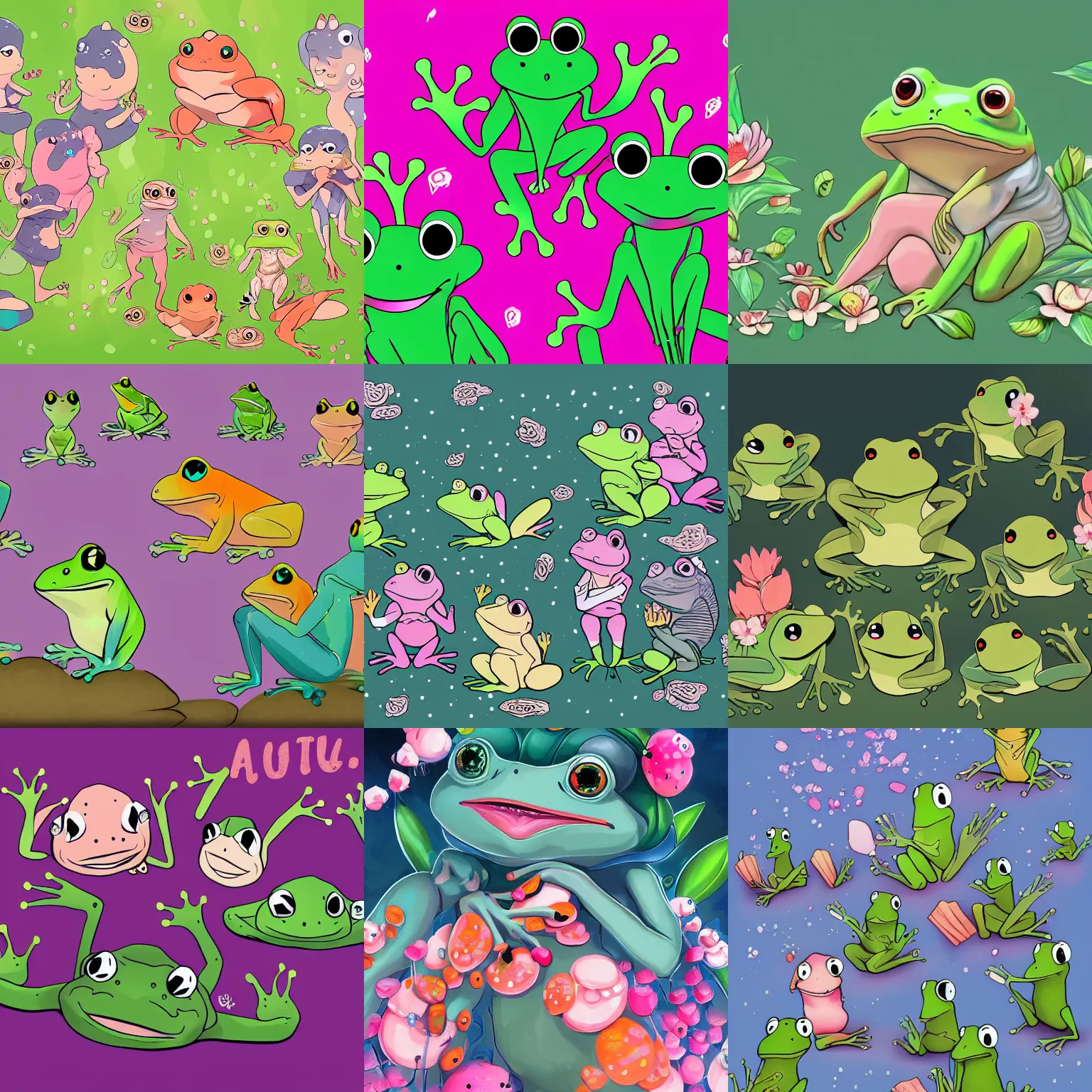 Prompt: numerous frog friends, digital art, cute, shoujo, trending on artstation, detailed, 4 k