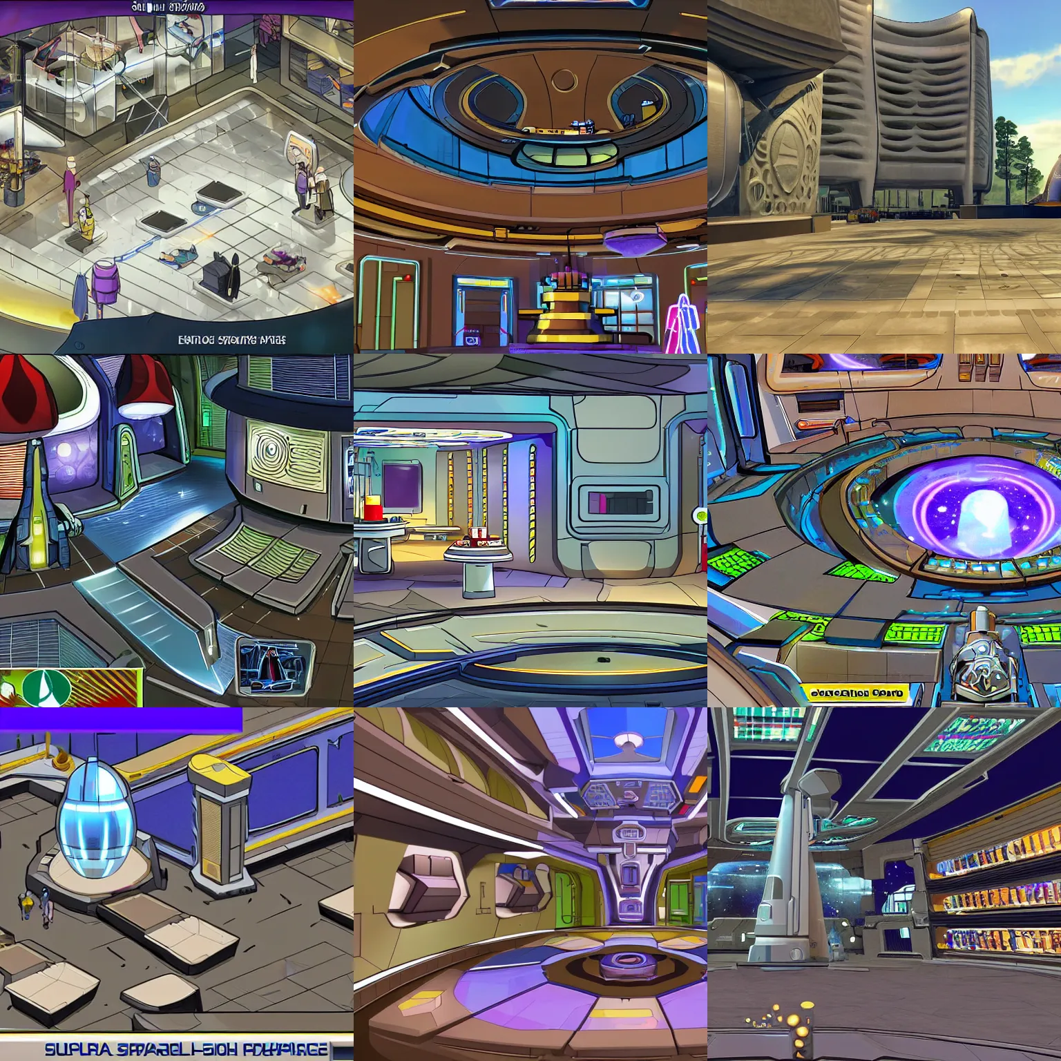 Prompt: inside a spaceship, a central plaza with a fountain and with a clothing store at the side, inside a large spaceship, from a space themed Sierra point and click 2D graphic adventure game, made in 2019, high quality graphics