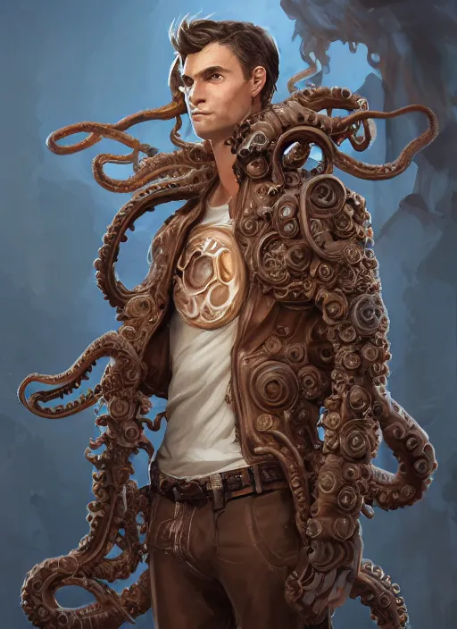 Image similar to a highly detailed illustration of wavy brown haired young white guy wearing brown coat and face mask with many mechanical tentacle arms on his back, dramatic hands in pocket standing pose, intricate, elegant, highly detailed, centered, digital painting, artstation, concept art, smooth, sharp focus, league of legends concept art, WLOP