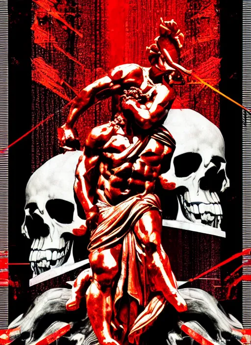 Prompt: black background, statue of hercules, skulls, thin lines, dark, red grid, glitch art, neo vaporwave, gritty, movie poster, trending on artstation