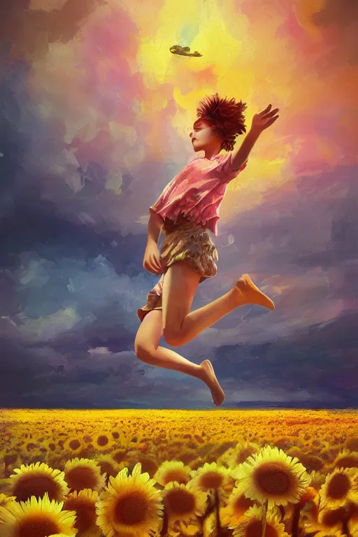 Image similar to giant daisies flower as head, girl jumping in a flower field, surreal photography, sunrise, dramatic light, impressionist painting, colorful clouds, digital painting, artstation, simon stalenhag