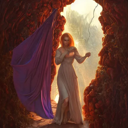 Image similar to a highly detailed byzantine painting of scarlett johansson as a red haired vampire sorceress, walking through a waterfall in a gossamer purple dress, epic fantasy, viewed in profile from far away, ultrawide lens, art by artgerm and greg rutkowski and alphonse mucha, volumetric lighting, 4 k resolution, trending on artstation, masterpiece