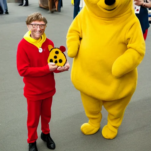 Image similar to bill gates cosplaying as winnie the pooh, bill gates wearing winnie the pooh costume, cosplay award winner