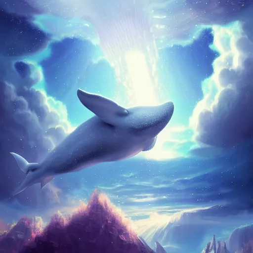 Image similar to a beautiful scenary of a fantasy world of a giant flying whale with the background of a milky way, artstationHD, digital painting, hyper detail, elegant, cinematic, epic lighting, very very very very beautiful scenery