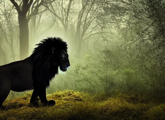 Image similar to professional wildlife photograph of a black lion standing in a dark jungle at night, surrounded by surreal trees, cinematic lighting, apex predator, natgeo