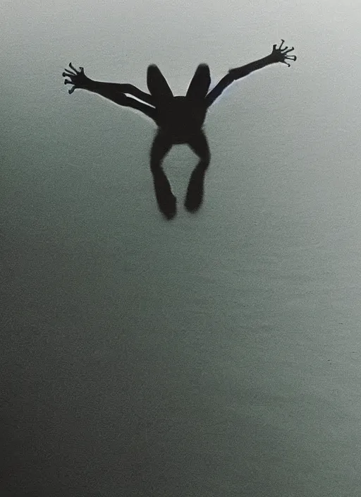 Image similar to “semitranslucent smiling frog vertically hovering over misty lake waters in crucifix pose, low angle, long cinematic shot by Andrei Tarkovsky, paranormal, eerie, mystical”