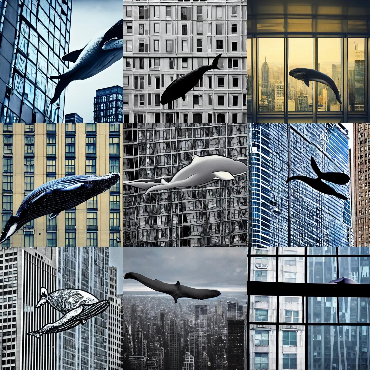 Prompt: Whale flying through, shattered windows, city, new york, geometric, space