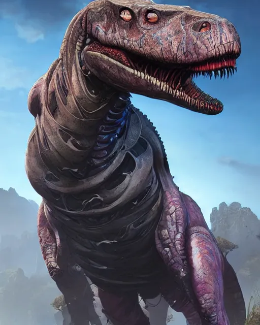 Prompt: trex as an apex legends character digital illustration portrait design by, wayne barlowe detailed, gorgeous lighting, wide angle action dynamic portrait octane render