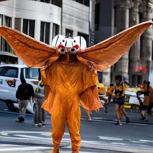 Image similar to ripped physique winged man Norm MacDonald disguised as a mothra whilst wearing a traffic cone hat bilquis evely