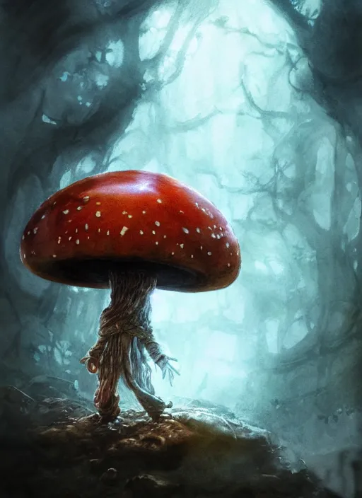 Image similar to humanoid mushroom wizard, watercolor, dramatic lighting, cinematic, establishing shot, extremely high detail, foto realistic, cinematic lighting, pen and ink, intricate line drawings, by Yoshitaka Amano, Ruan Jia, Kentaro Miura, Artgerm, post processed, concept art, artstation, matte painting, style by eddie mendoza, raphael lacoste, alex ross