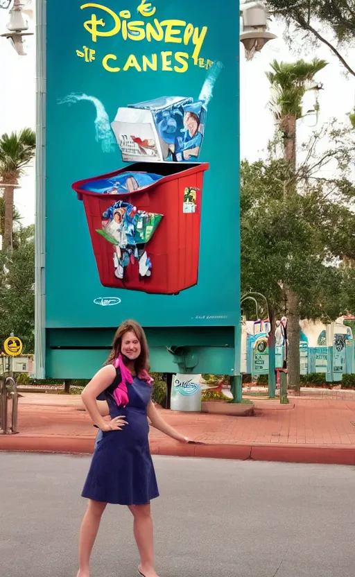 Image similar to Karen on a billboard advertising Disney trash cans