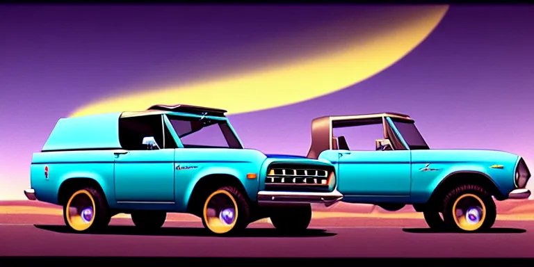 Image similar to a cinematic keyframe matte painting of a sleek 1 9 7 0 s vaporwave concept vehicle retro - futurism sci - fi sky blue ford bronco car in an open garage in the colorado, view from the street. in the moonlight. by eric lafforgue, glennray tutor and edward hopper, greg rutkowski. trending on artstation.