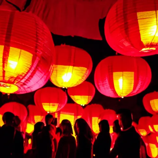 Prompt: night club, red chinese lanterns, people's silhouettes