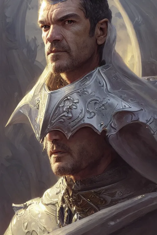 Prompt: portrait of antonio banderas as holy paladin, fantasy, d&d, intricate, highly detailed, smooth, artstation, digital illustration by Ruan Jia and Mandy Jurgens and Artgerm and Wayne Barlowe and Greg Rutkowski and Zdislav Beksinski