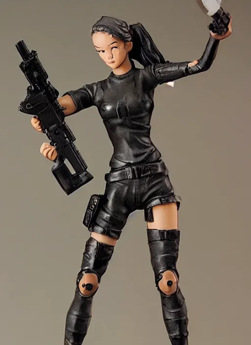 Prompt: Image on the store website, eBay, 100mm Resin figure of a girl with gun, pose for cam.