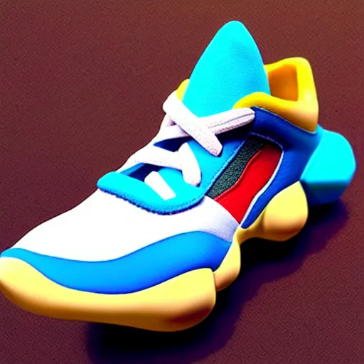 Image similar to realistic scultpure of plastic toy sneaker! design, sneaker design overwatch botw fantasy style mixed with aztec mayan native street fashion, focus on sneakers only, shoes designed by akira toriyama and studio ghibli