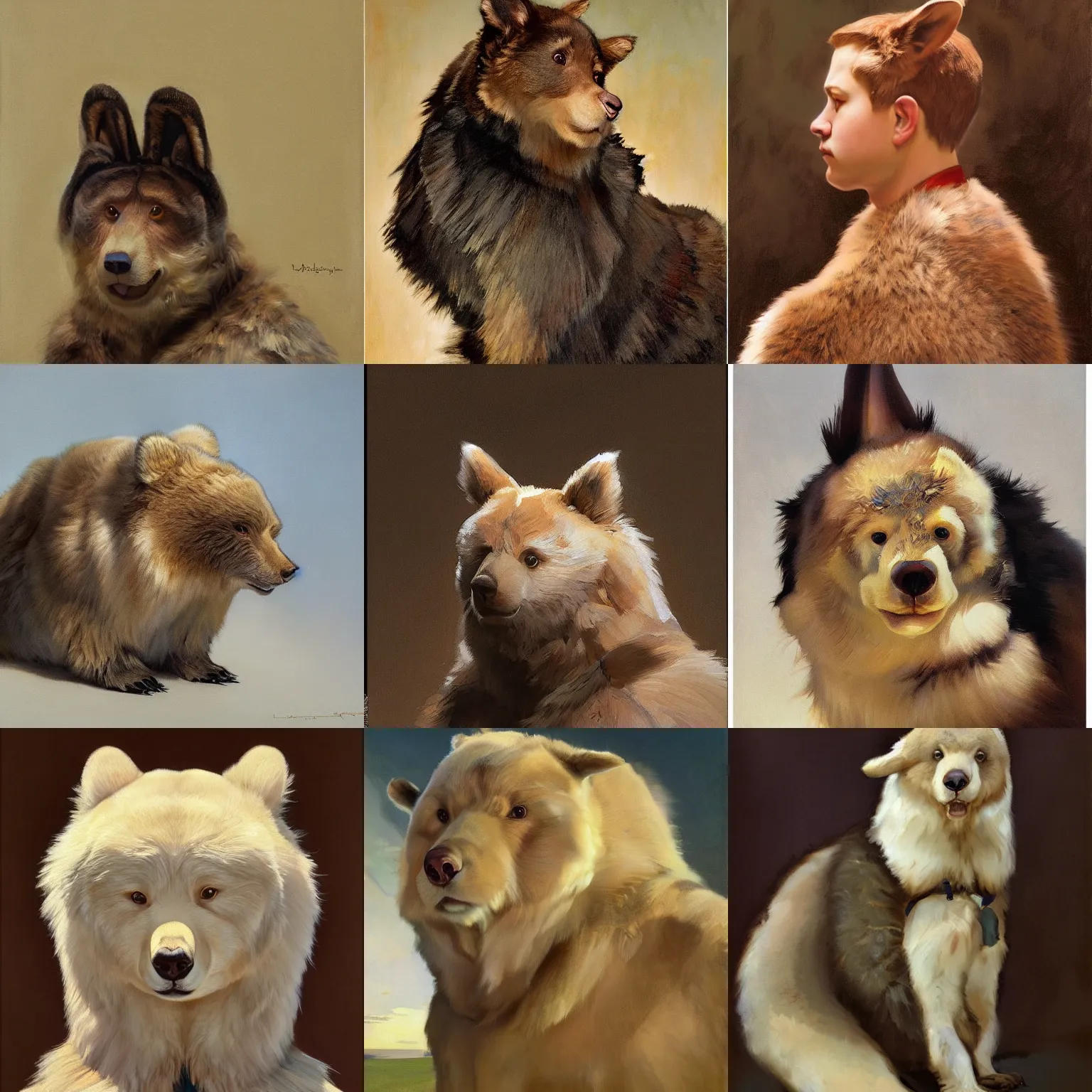 Prompt: painting by sargent and leyendecker and greg hildebrandt, james gurney, apollinaris vasnetsov, savrasov levitan polenov, studio ghibli style, organic, detailed fur, bear rabbit hybrid portrait, octane rendering