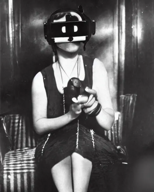 Image similar to 1 9 2 0 s photo of a flapper girl wearing a vr headset on a stage in a speakeasy