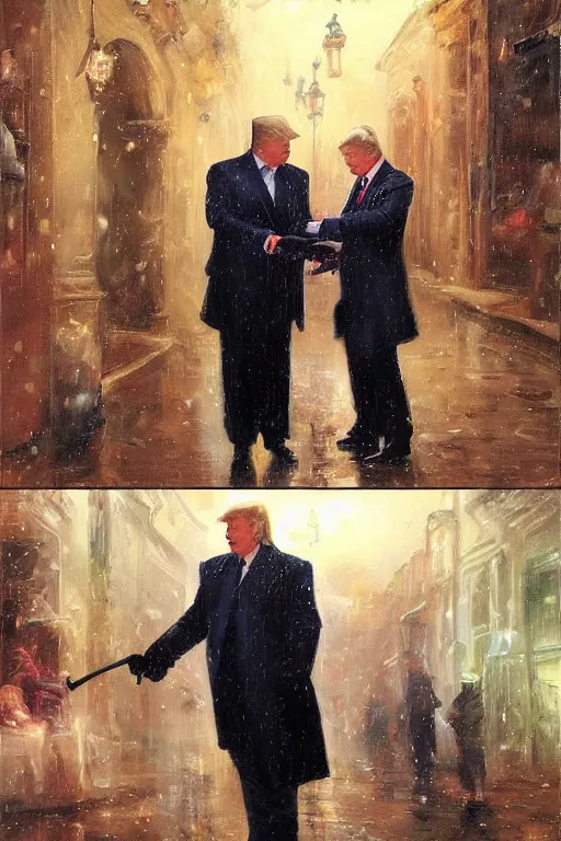 Prompt: donald trump buying drugs from vladimir putin in a dark raining city alley by adrian smith and wlop and vladimir volegov and alexander averin and delphin enjolras