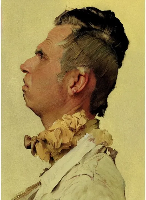 Image similar to illustration upper body and head portrait of elegant man in summer dress, by norman rockwell, roberto ferri, daniel gerhartz, edd cartier, jack kirby, howard v brown, ruan jia, tom lovell, frank r paul, jacob collins, dean cornwell, pulp 5 0 s scifi