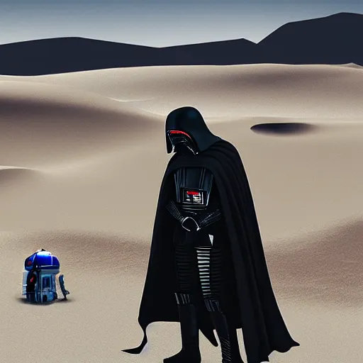Prompt: kylo ren contemplating on a desert, r2d2 is near him, 4k ultra realistic concept, trending on artstation