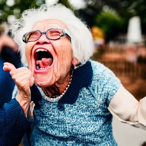 Image similar to elderly woman screaming at a party, canon eos r 3, f / 1. 4, iso 2 0 0, 1 / 1 6 0 s, 8 k, raw, unedited, symmetrical balance, wide angle