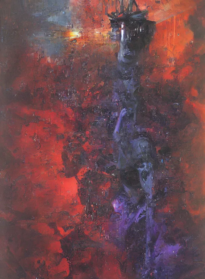 Prompt: the blind liberty of the few, red and purple palette, volume light, fog, by mimmo rotella by ( h. r. giger ) and paul lehr