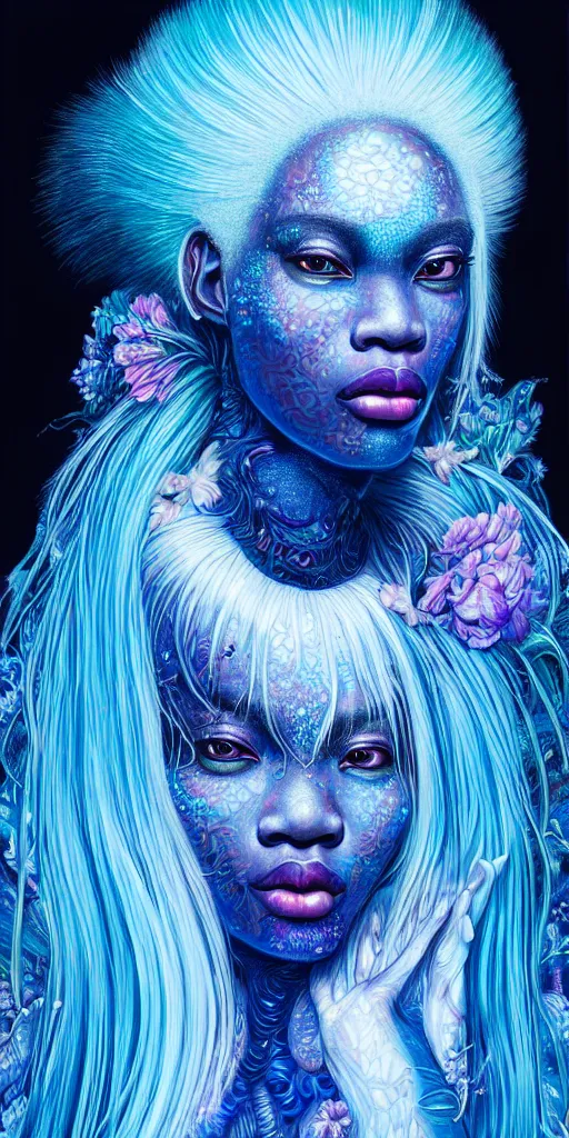 Prompt: hyperrealistic intricate close-up of beautiful black woman with white hair and pearlescent blue skin hannah yata machiej kuciara dramatic neon lighting on one side