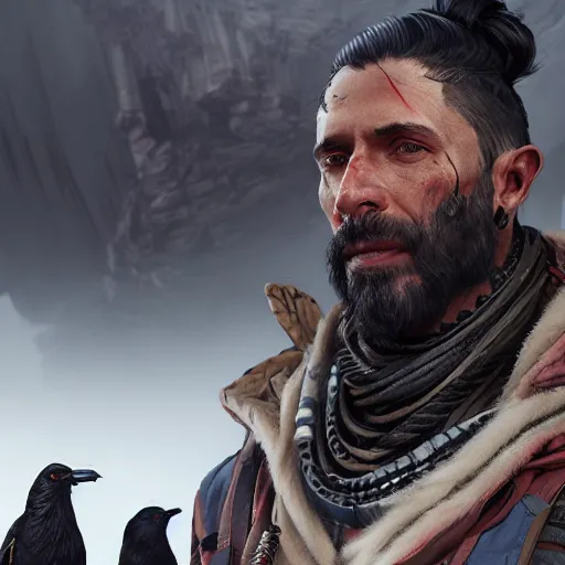 Image similar to portrait of blodhundr from apex legends with his ravens, 8 k uhd, unreal engine, octane render in the artstyle of finnian macmanus, john park and greg rutkowski