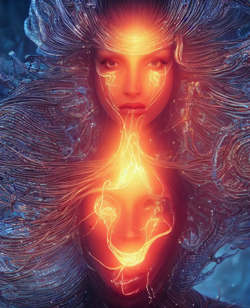 Image similar to close-up macro portrait of the face of a beautiful princess, epic angle and pose, symmetrical artwork, 3d with depth of field, blurred background, cybernetic jellyfish female face skull phoenix bird, translucent, nautilus, energy flows of water and fire. a highly detailed epic cinematic concept art CG render. made in Maya, Blender and Photoshop, octane render, excellent composition, cinematic dystopian brutalist atmosphere, dynamic dramatic cinematic lighting, aesthetic, very inspirational, arthouse. y Greg Rutkowski, Ilya Kuvshinov, WLOP, Stanley Artgerm Lau, Ruan Jia and Fenghua Zhong