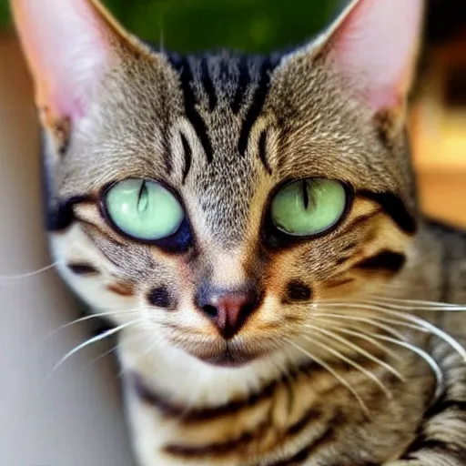 Prompt: margay tabby cat mix with green eyes